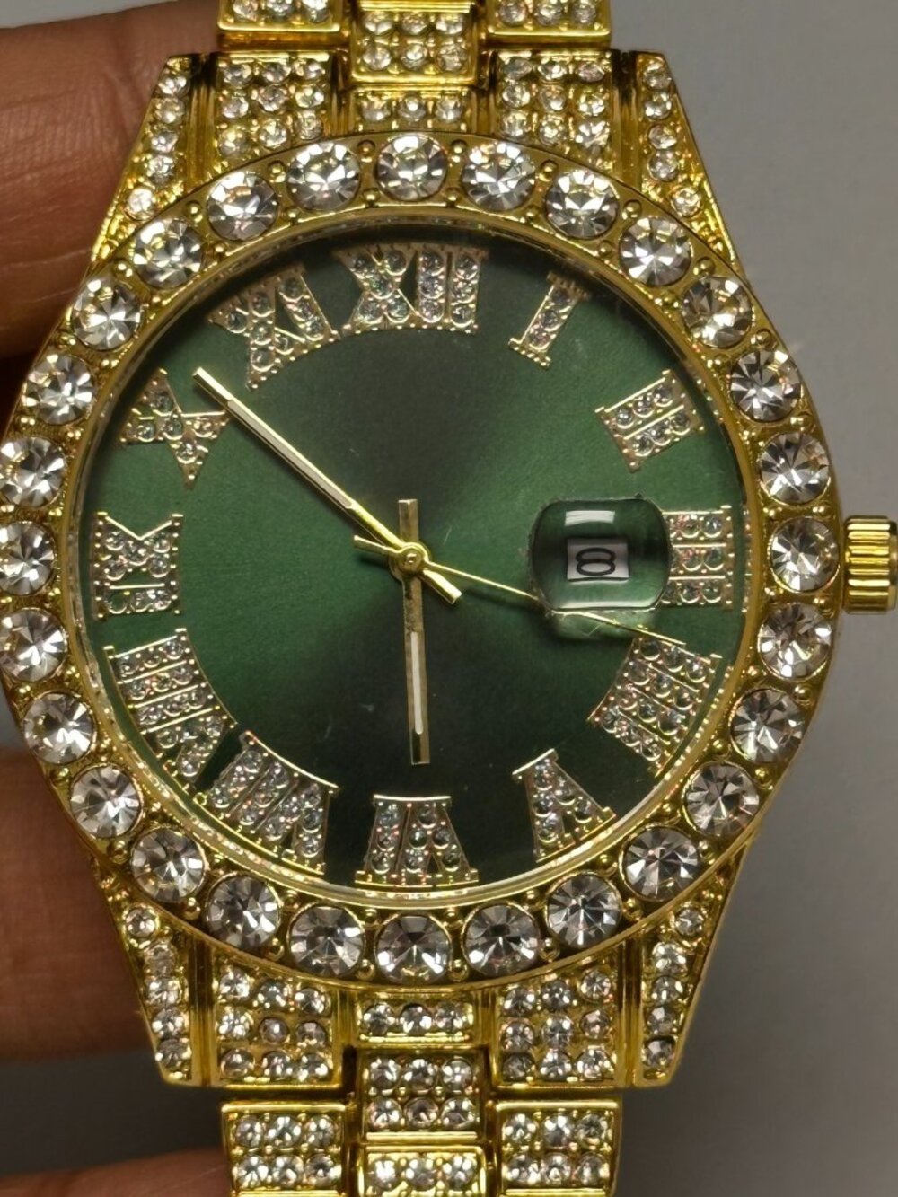 Men Bling Watch Gold Tone Green Dial Date Window 42MM New Battery 8.5"